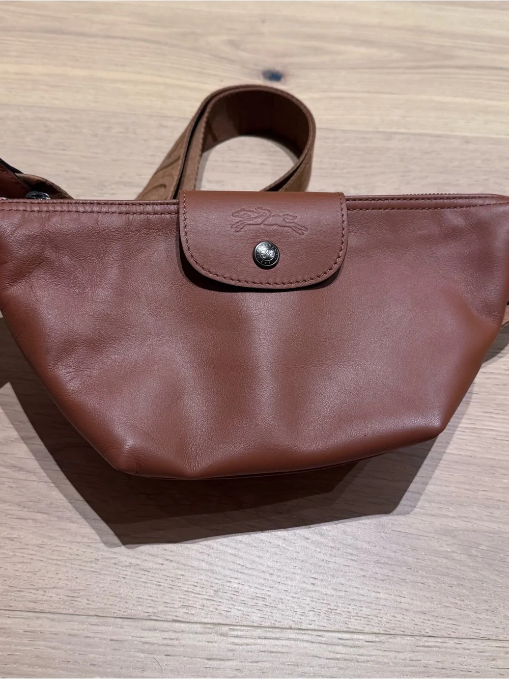 Longchamp Le Pliage Cuir XS Leather Crossbody Bag Cognac Brown